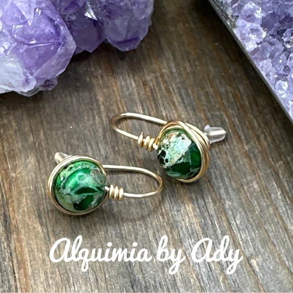 Chunky Green Turquoise drops gold hoops western style dangle long earrings - Picture 1 of 5